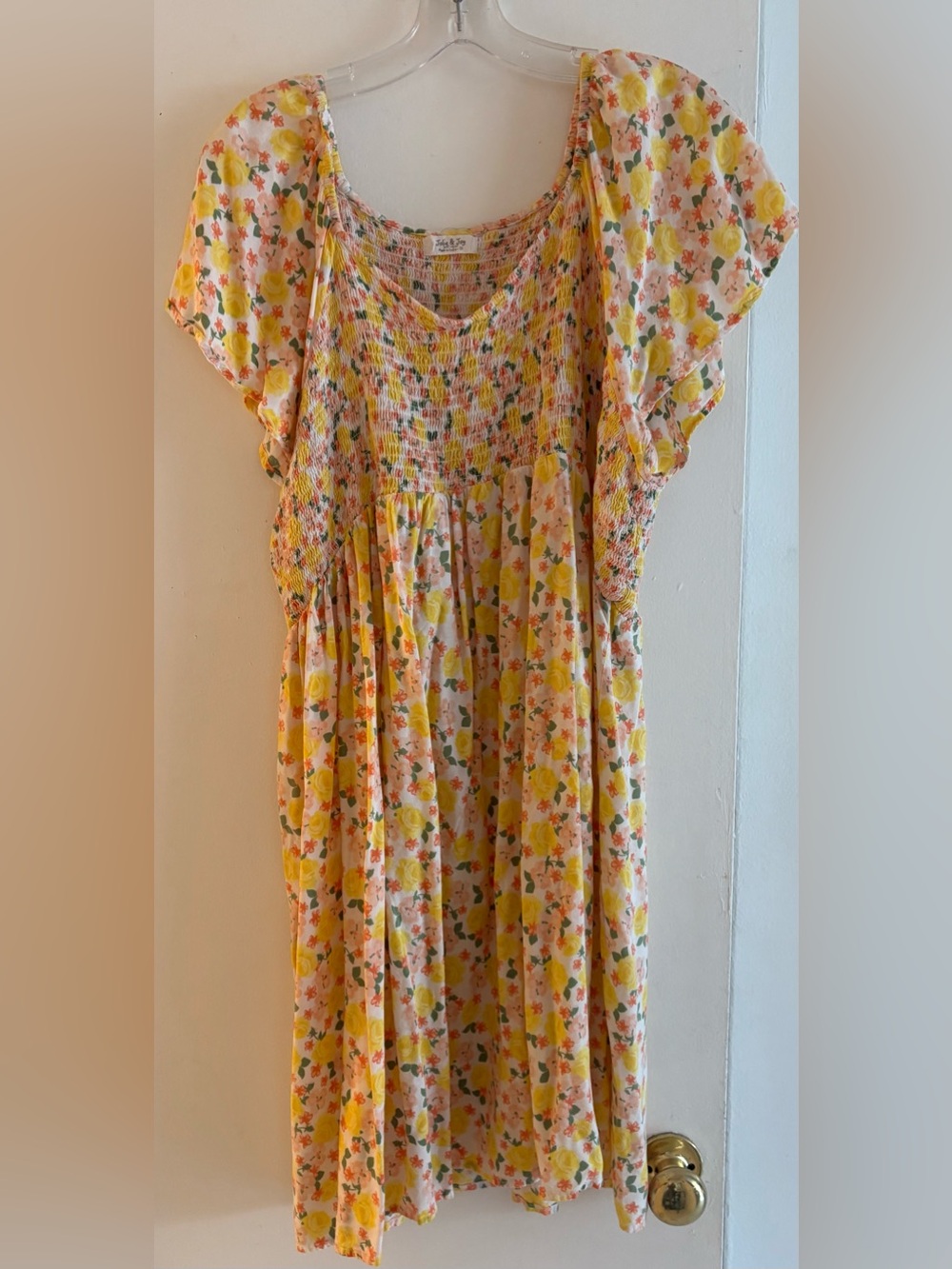 Plus Size Yellow Floral Print Smocked Dress 2X